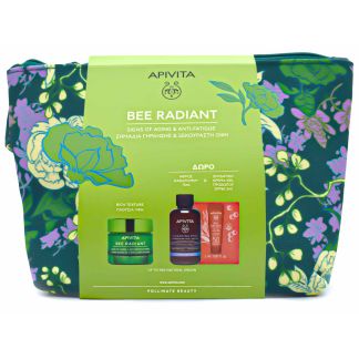 Apivita Bee Radiant Signs of Aging Anti Fatigue Cream Rich Texture 50ml & Cleansing Foam 75ml & Bee Sun Safe SPF50 2ml & Cosmetics bag