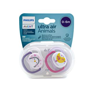 Philips Avent Ultra Air Animals Soother 0-6m Purple Penguin - Pink Bird 2 pcs SCF080/06