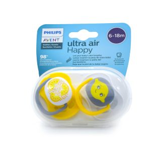 Philips Avent Ultra Air Happy Pacifiers 6-18m Yellow - Grey 2 pcs