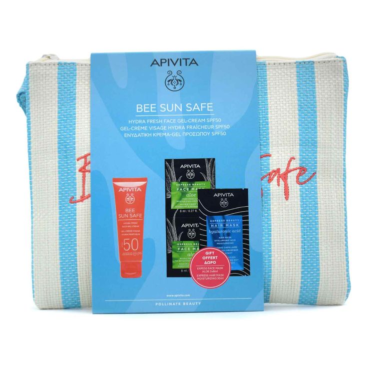 Apivita Bee Sun Safe Face Gel Cream SPF50+ Hydra 50ml & Face Mask Aloe 2x8ml & Hair Mask 20ml & Cosmetics Bag
