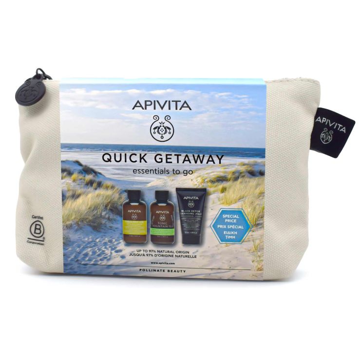 Apivita Quick Getaway Gentle Daily Shampoo 75ml & Shower Gel Tonic Mountain Tea 75ml & Black Detox Cleansing Jelly 50ml & Cosmetics bag 