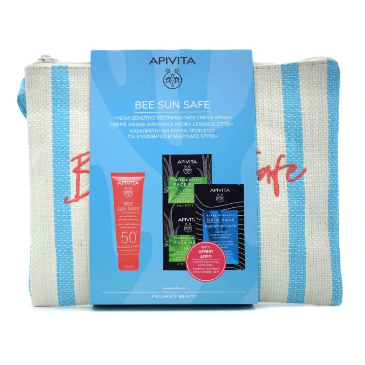 Apivita Bee Sun Safe Face Cream SPF50+ Hydra Sensitive 50ml & Face Mask Aloe 2x8ml & Hair Mask 20ml & Cosmetics Bag