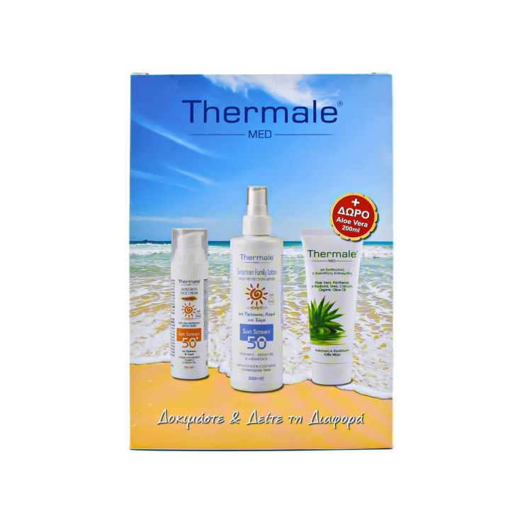 Thermale Med Sunscreen Face Cream SPF 50+ 75ml & Sunscreen Family Lotion SPF50 250ml & Aloe Vera Cream 200ml