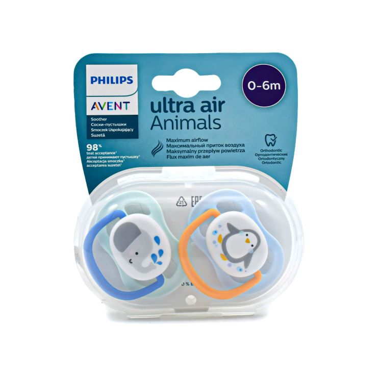 Philips Avent Ultra Air Animals Soother 0-6m Elephant Blue - Penguin Orange 2 pcs SCF080/05