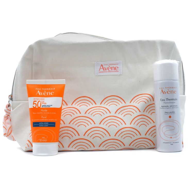 Avene Sun Face Fluid SPF50+ Ultra Light 50ml & Avene Eau Thermale Spring Water 50ml & Cosmetics Bag