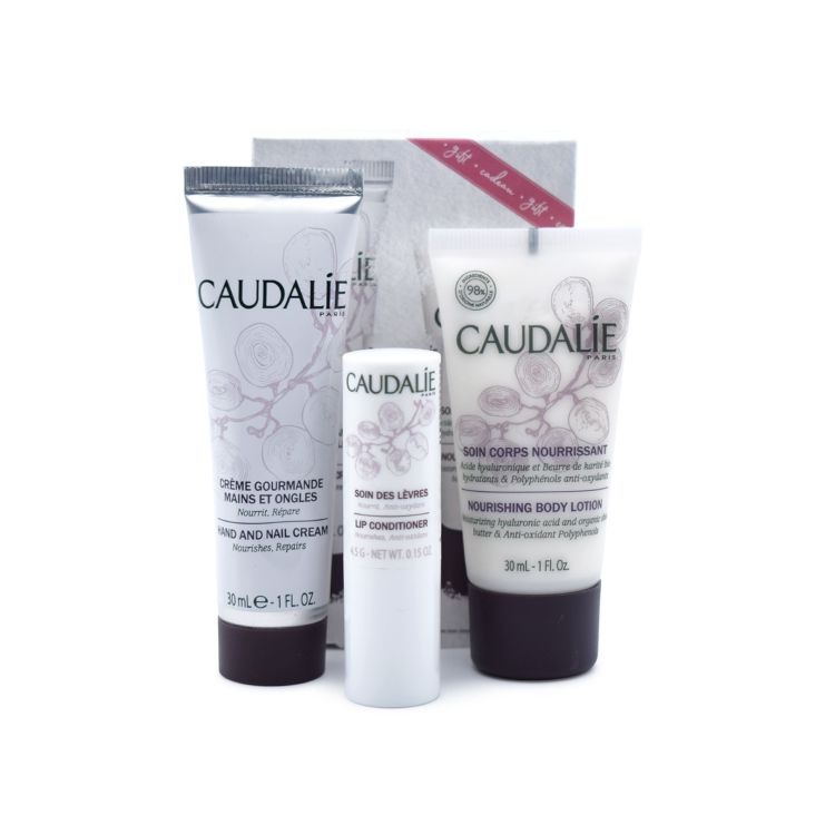 Caudalie Hand and Nail Cream 30ml & Lip Conditioner 4.5gr & Nourish Body Lotion 30ml
