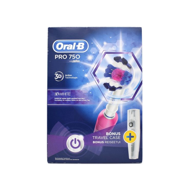 Oral-B Pro 750 3D White Επαναφορτιζόμενη Ηλεκτρική Οδοντόβουρτσα Ρόζ & Θήκη Ταξιδίου 