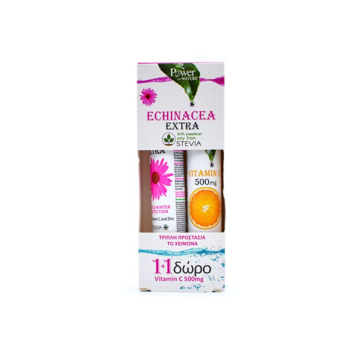 Power of Nature Echinacea Extra με Στέβια 24 Αναβρ. Δισκία & Vitamin C 500 mg 20 Αναβρ. Δισκία
