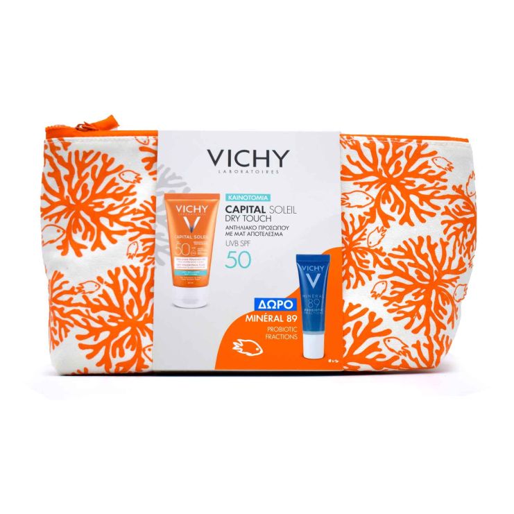 Vichy Capital Soleil Dry Touch Face Fluid SPF50 50ml & Mineral 89 Probiotic 10ml & Cosmetic Bag