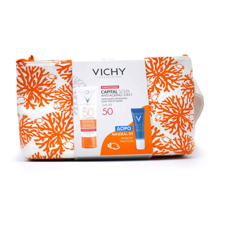 Vichy Capital Soleil Anti Aging 3in1 SPF50 50ml & Mineral 89 Probiotic 10ml & Cosmetic Bag