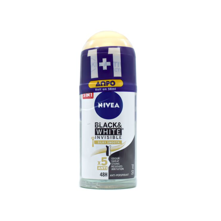 Nivea Deo Roll On Black & White Invisible Silky Smooth Αποσμητικό 48H 2 x 50ml 