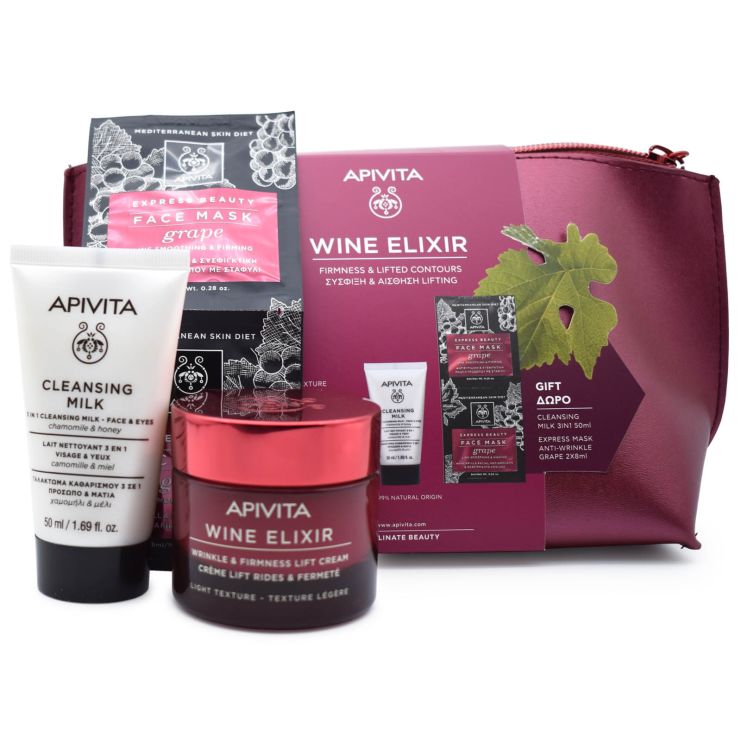 Apivita Wine Elixir Αντιρυτιδική Κρέμα Eλαφριάς Yφής 50ml & Γαλάκτωμα καθαρισμού 3 σε 1 50ml & Μάσκα Προσώπου με Σταφύλι 2x8ml & Νεσεσέρ