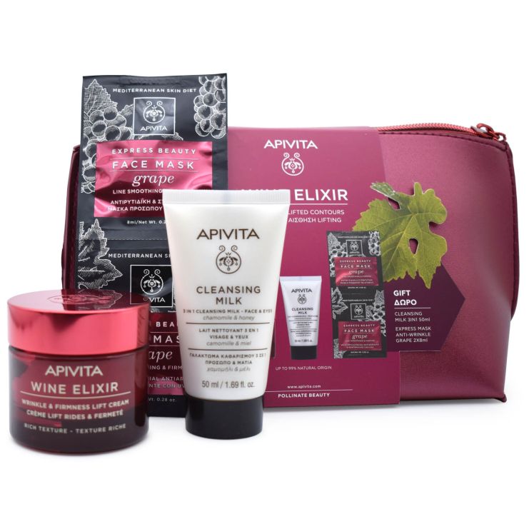 Apivita Wine Elixir Cream Rich Texture 50ml & Cleansing Milk 3in1 50ml & Face Mask Grape 2x8ml & Cosmetic Bag