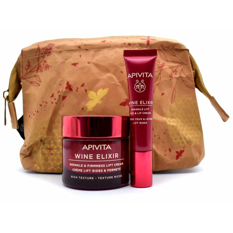 Apivita LIFT ME UP Gift Set Wine Elixir Rich Texture Cream 50ml with Wine Elixir Eye & Lip Cream Wrinkle Lift 15ml