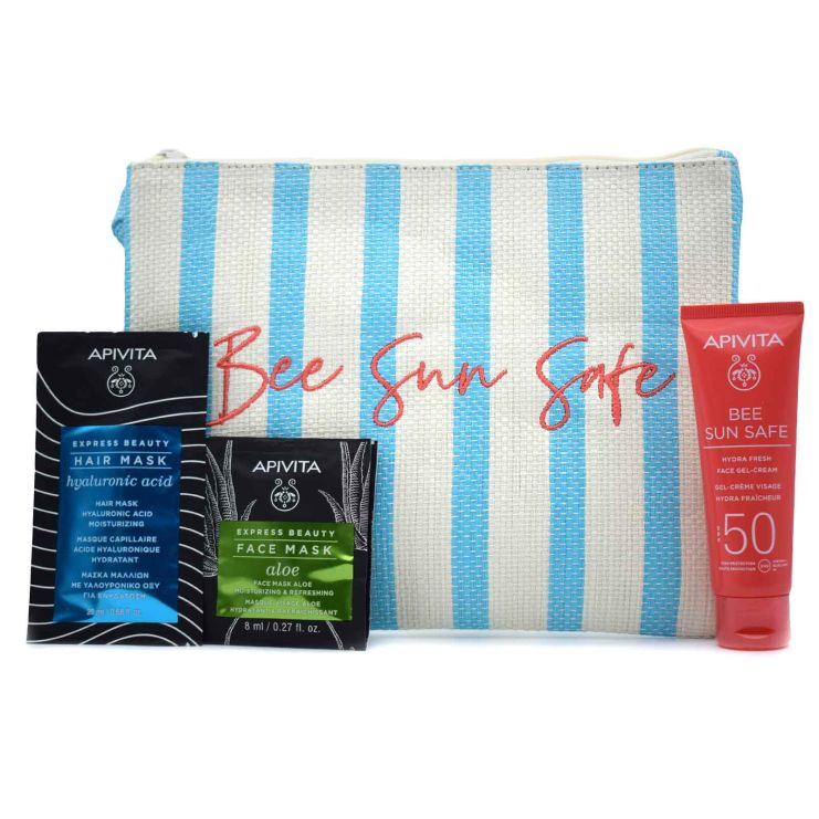 Apivita Bee Sun Safe Face Gel Cream SPF50+ Hydra 50ml & Face Mask Aloe 2x8ml & Hair Mask 20ml & Cosmetics Bag