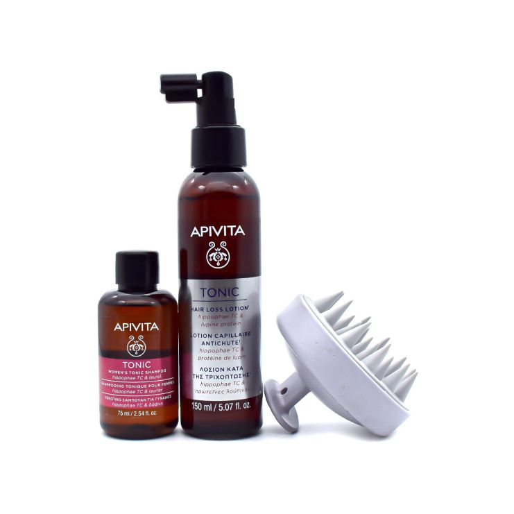 Apivita Hair Strengthening Routine For Women with  Tonic Hair Loss Lotion 150ml & Tonic Shampoo 75ml & Scalp Massager