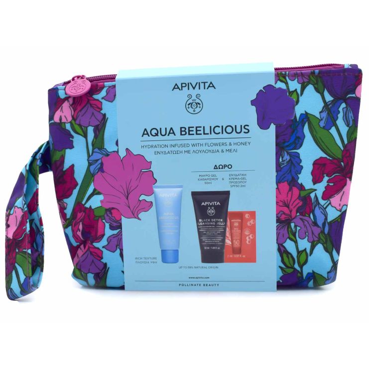 Apivita  Aqua Beelicious Απαλή Κρέμα Ενυδάτωσης Πλούσιας υφής 50ml & Μαύρο Gel Καθαρισμού Πρόσωπο Μάτια & Bee Sun Safe SPF50 2ml & Νεσεσέρ 