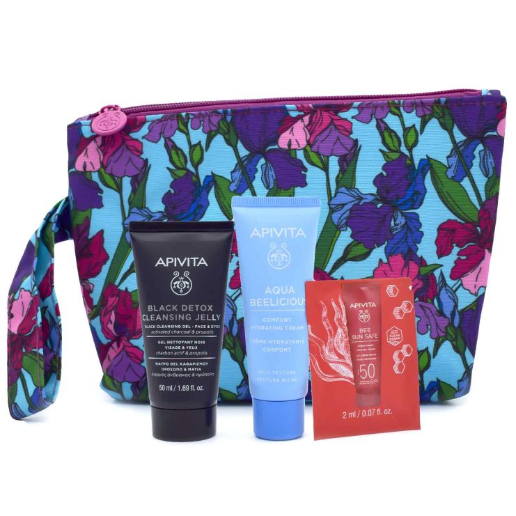 Apivita Aqua Beelicious Comfort Hydrating Cream Rich Texture 40ml & Black Detox Cleansing Jelly 50ml & Bee Sun Safe SPF50 2ml & Cosmetics bag