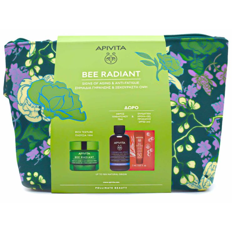 Apivita Bee Radiant Κρέμα για Σημάδια Γήρανσης Ξεκούραστη Όψη Πλούσιας Υφής 50ml & Αφρός Καθαρισμού 75ml & Bee Sun Safe SPF50 2ml & Νεσεσέρ