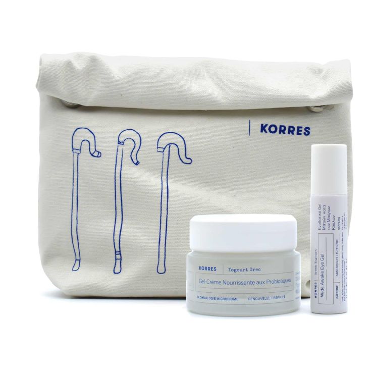 Korres Greek Yoghurt Face Set for Normal Combination Skin with Nourishing Probiotic Gel Cream 40ml & Wide Awake Eye Gel 15ml & Cosmetics Bag