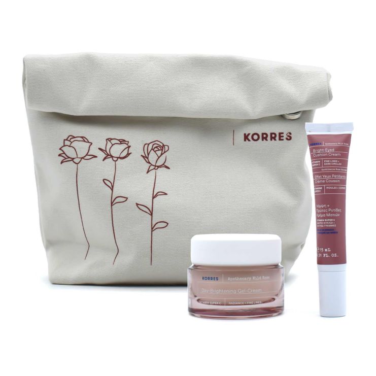 Korres Apothecary Wild Rose Face Set for Normal Combination Skin with Day Brightening Gel Cream 40ml & Bright Eyed Cushion Cream 15ml & Cosmetics Bag