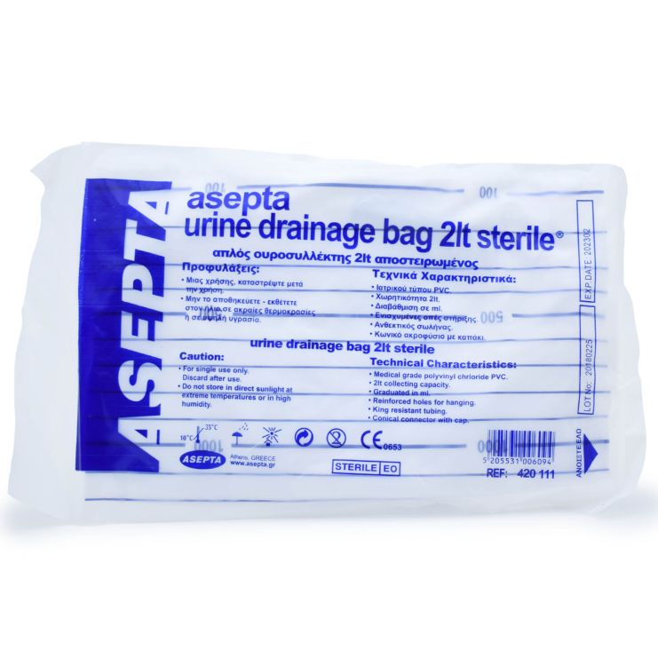 Asepta Urine Drainage Bag Sterile Ουροσυλλέκτης Απλός Αποστειρωμένος 2lt 1τμχ