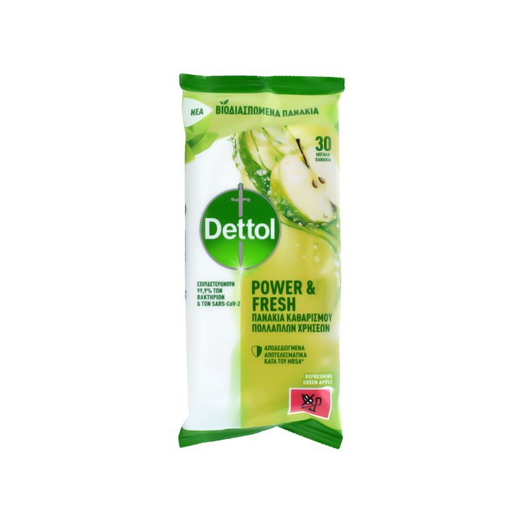 Dettol Power & Fresh Βιοδιασπώμενα Μεγάλα Πανάκια Καθαρισμού Επιφανειών Πράσινο Μήλο 30 τμχ