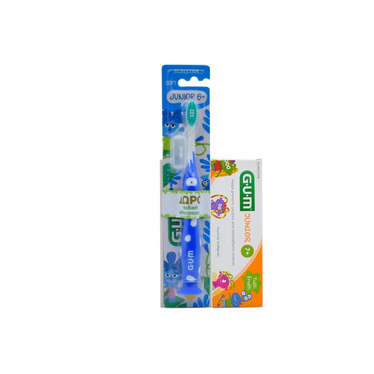 Sunstar Gum Toothbrush Junior 6+ Monster Blue + Toothpaste Junior 7+ Tutti Frutti 50ml