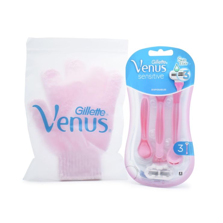 Gillette Venus Sensitive Skin Elixir Razor Replacements 3 pcs & Exfoliating Gloves