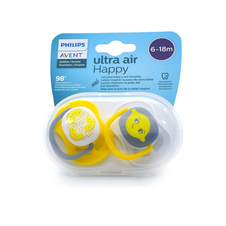 Philips Avent Ultra Air Happy Ορθοδοντικές Πιπίλες Σιλικόνης 6-18m Κίτρινο - Γκρι 2 τμχ