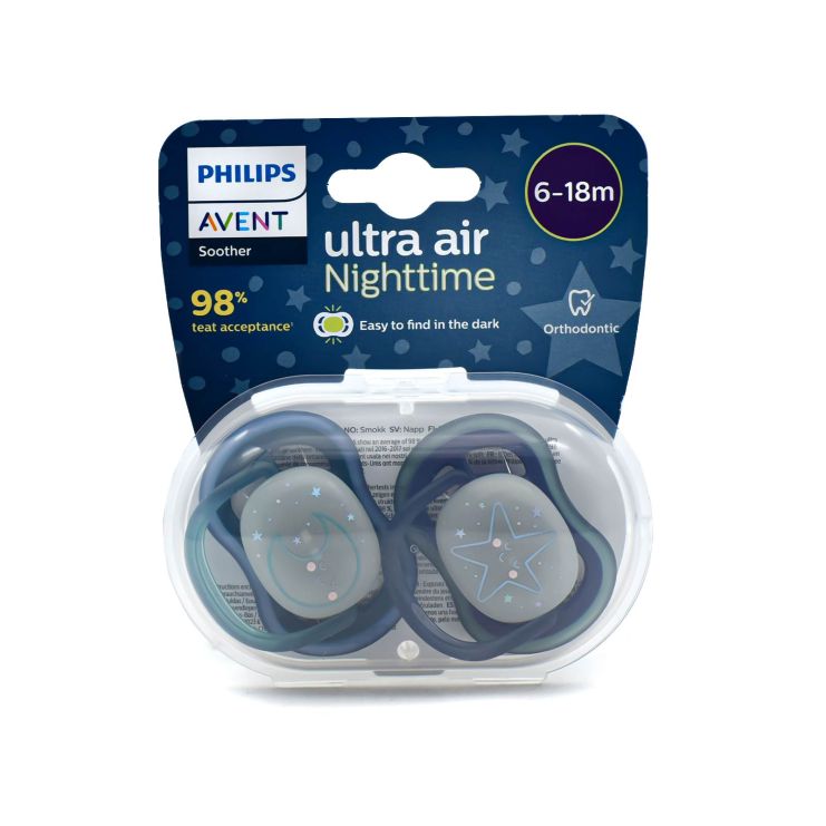 Philips Avent Ultra Air Nighttime Ορθοδοντικές Πιπίλες Σιλικόνης από 6 έως 18 μηνών Αστεράκι Φεγγάρι 2 τμχ SCF376/13